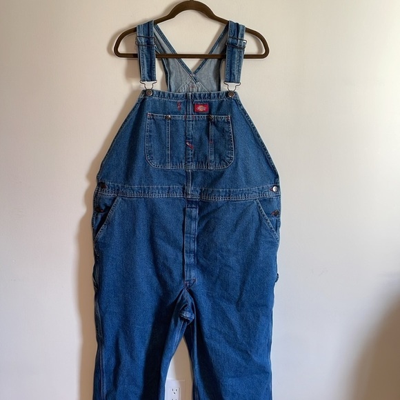 Dickies Bib Carpenter Overalls Denim 44x32 Blue Long Baggy Jean Pockets Workwear - Picture 1 of 14